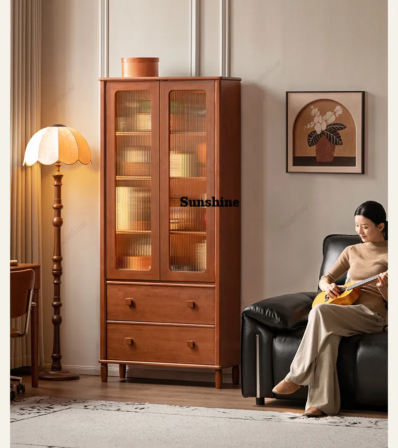 Solid wood bookcase, vintage style study display cabinet, household storage cabinet