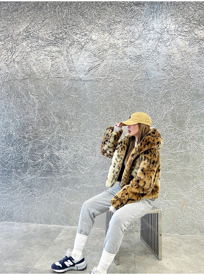 Lautaro Winter Short Thick Warm Leopard Print Faux Fur Coat Women with Hood Raglan Long Sleeve Hot Girl Loose Soft Fluffy Jacket