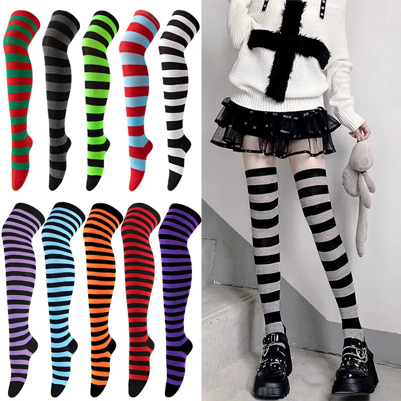 Color Striped Stockings JK Japanese Over Knee Socks Fashion Women Keep Warm Soks Sexy Slim Long Soks Black White Striped Hosiery