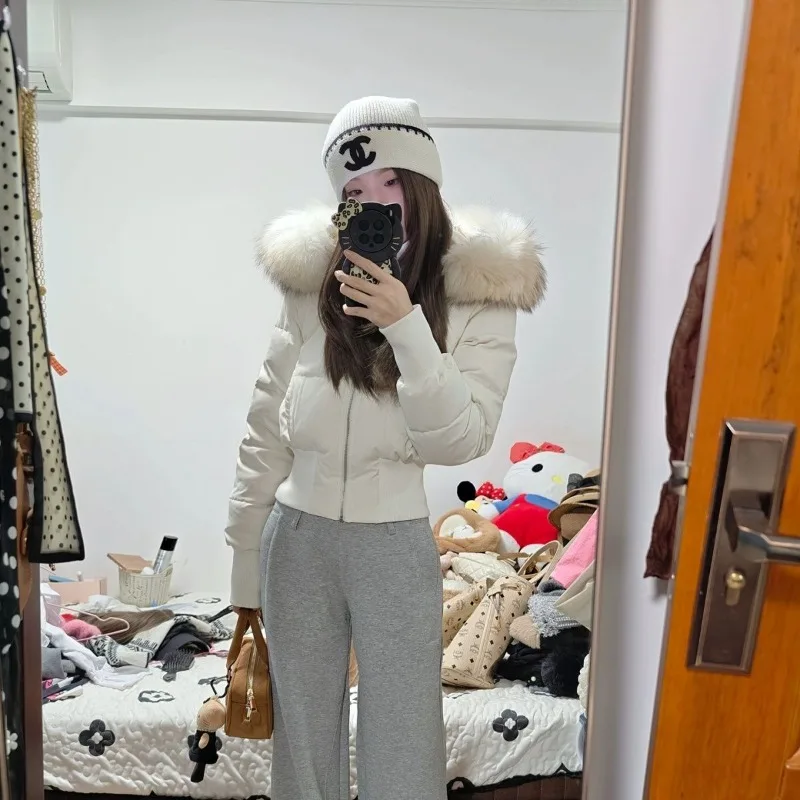 thickened and warm short waisted cotton Gentle wind pink fur collar hooded cotton coat for women winter new style