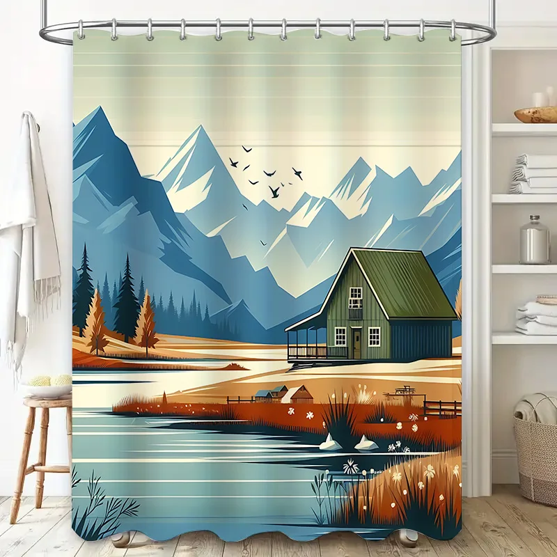 Waterproof Shower Curtain Mountain Cabin Design Enhances Bathroom Aesthetic Rustic Charm Serenity Home Decor Essential EasyClean