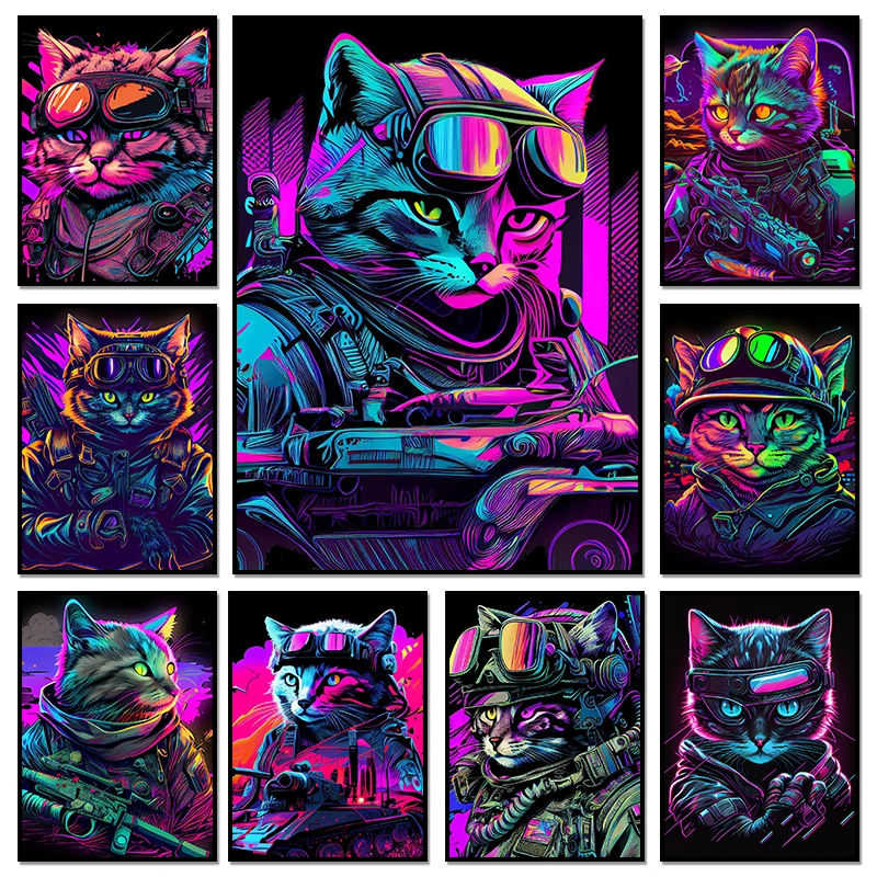 1pc frameless Canvas Painting Neon The Little Cat With A Gun Posters Classic Wall Art Canvas Paintings And Prints For Living Roo
