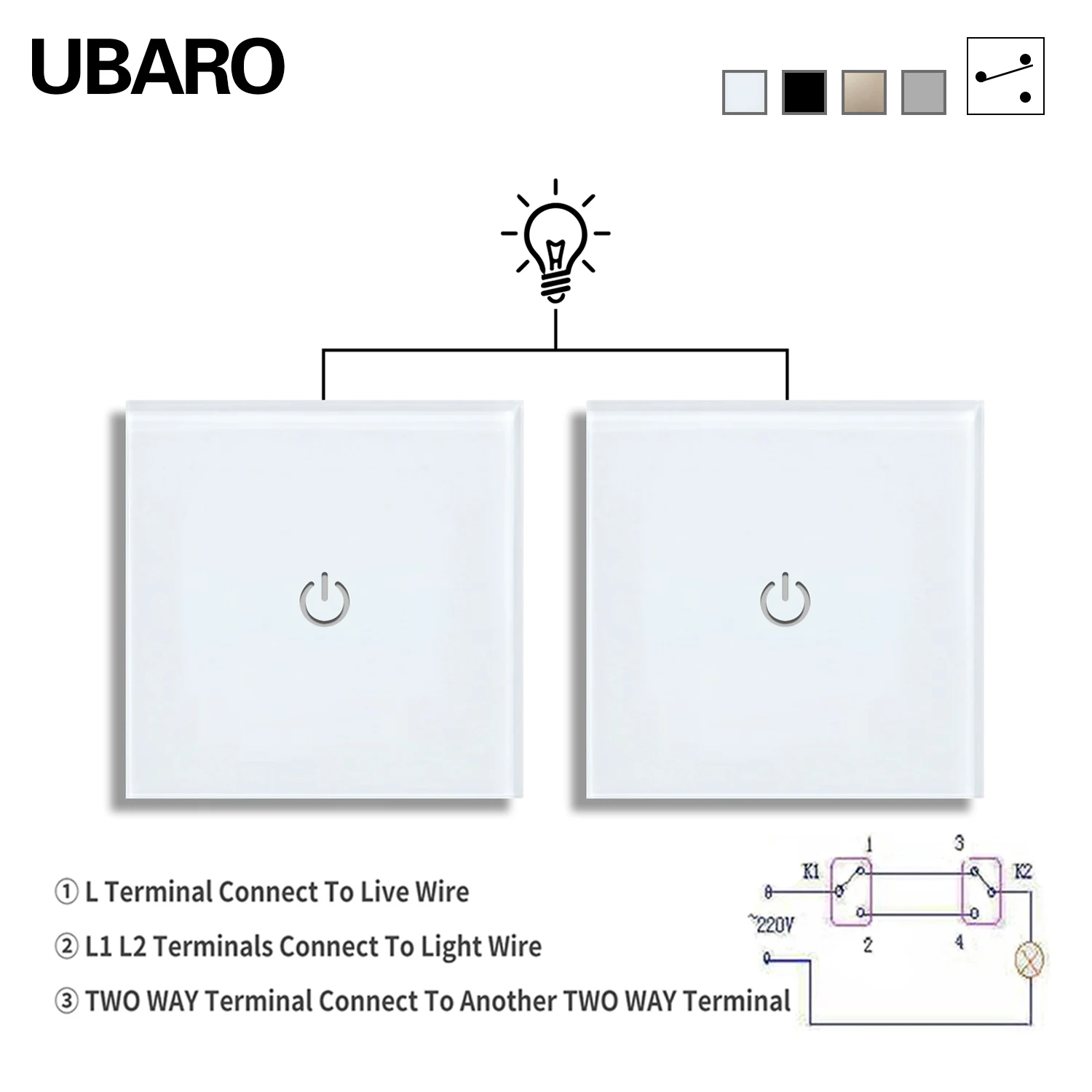 UBARO Eu Standard 86 Type 1Gang 2Way Touch Switch Tempered Glass Panel Dual Switch Come and Go Sensor Switches Stairs bedroom