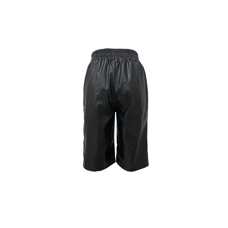 Slergiri Pantaloncini al ginocchio in pelle nera da donna 2025 Autunno Inverno Tasche in vita alta elastica Pantaloncini casual a gamba dritta