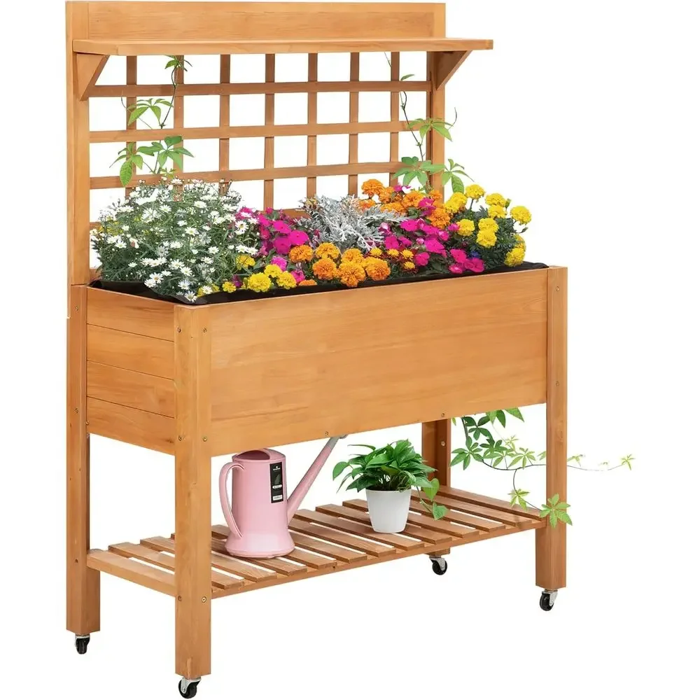 41 Elevated Wooden Garden Bed on Wheels with Trellis, Planter Box for Herbs & Veggies, Brown
