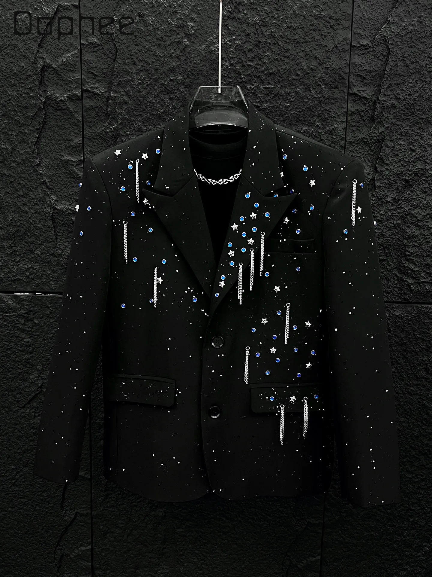 

Элитный мужской костюм с бисером и стразами, блестящий, в корейском стиле, повседневный, свободный, универсальный, с цепочкой-подвеской, стильная мужская одежда