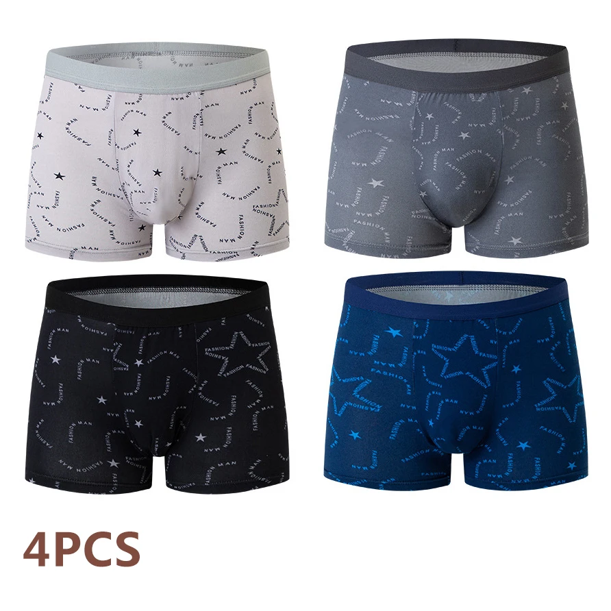 

4PCS Men's Trendy Boxer Briefs XL-4XL Plus Size Fashion Print Panties Cotton Inner Crotch Comfortable Mid-waist Underwear