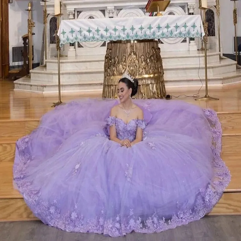 Фиолетовое платье Quinceanera, бальное платье с аппликацией из тюля, пышное 3D цветочное милое платье принцессы для девочек 16 лет, праздничное вечернее платье на день рождения