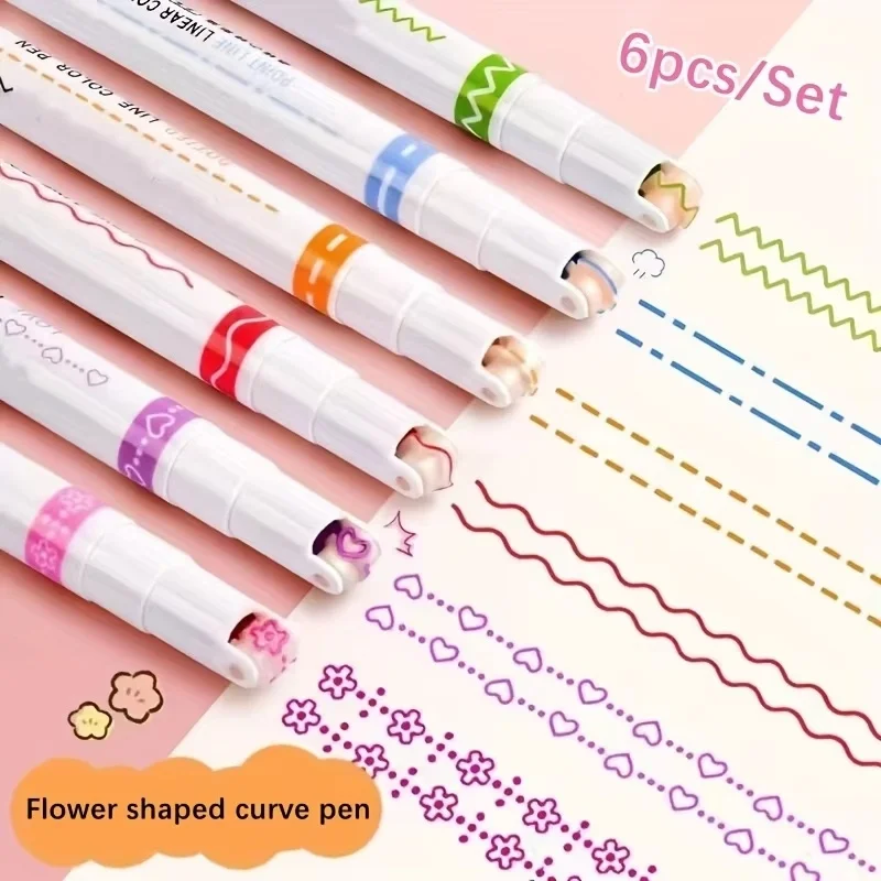 6Pcs Flowers Line Shaped Highlighter Pens Roller Tip Curve Liner Marker For Writing Journaling Drawing School Office Stationery