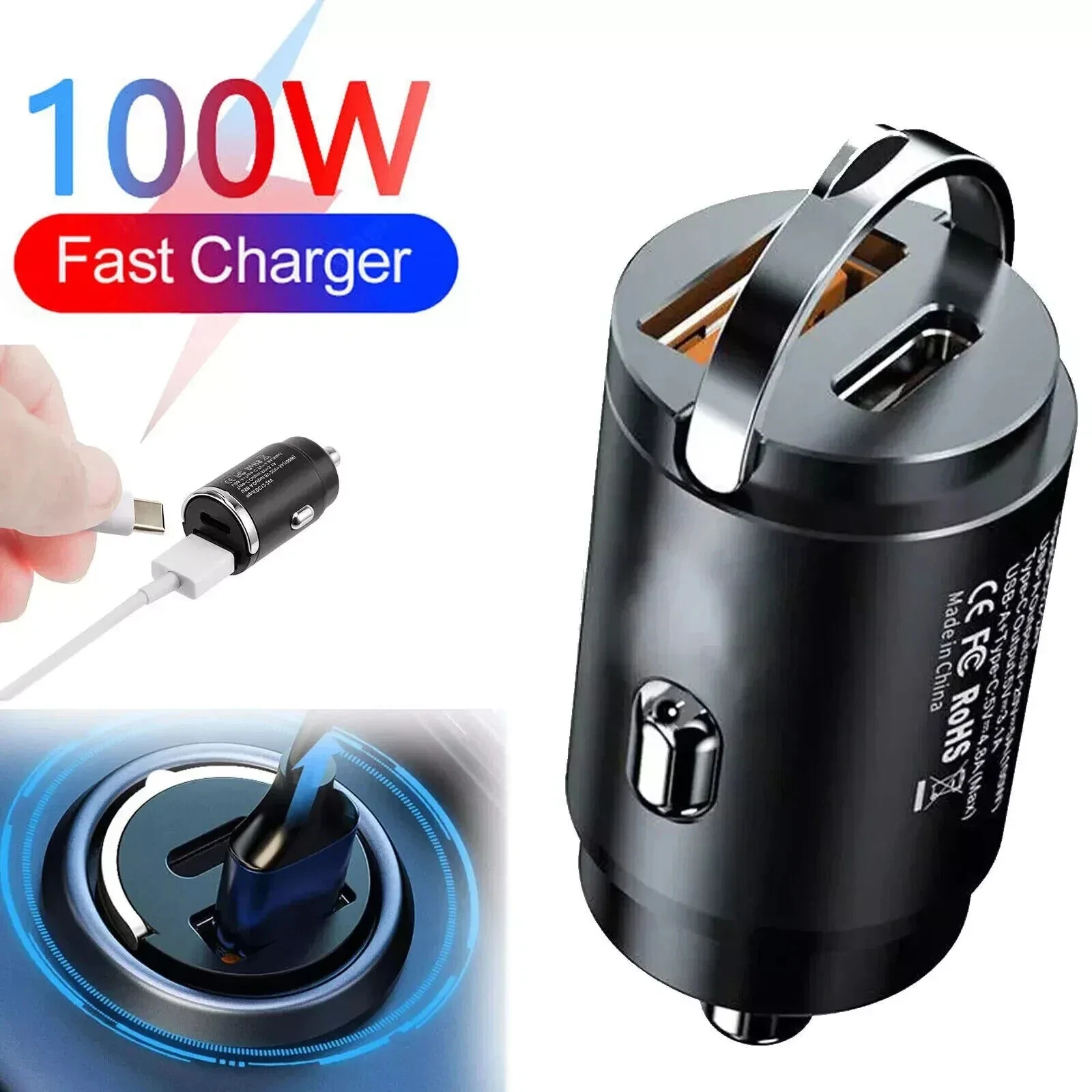 

100W Fast Car Charger Mini Dual USB Type-C PD Mobile Phone Socket Adapter For iPhone 17 16 15 Pro MAX Universal Car Charger