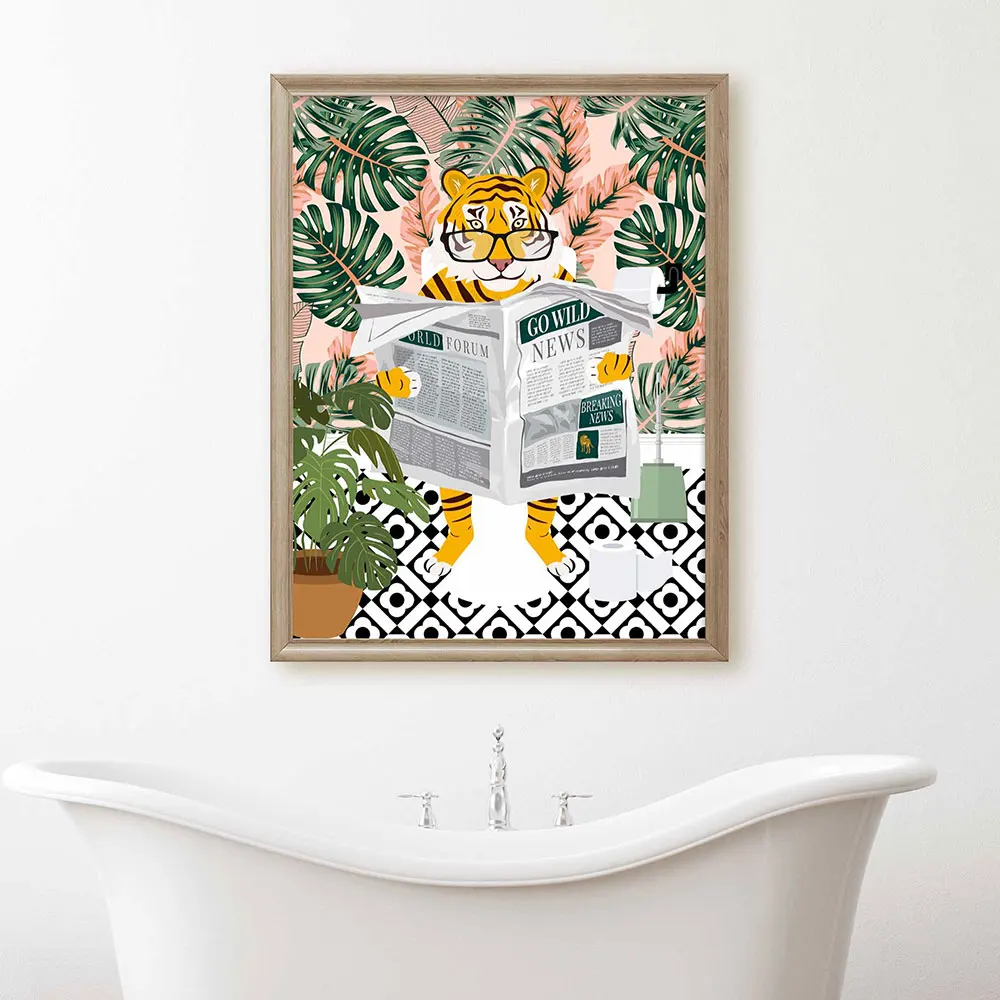 Animal Reading Newspaper In Toilet Wall Art Canvas Painting Tropical Jungle Animals Tiger Posters Prints Home Room Decor Gift