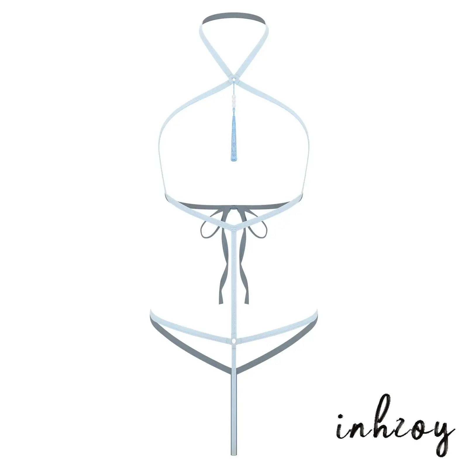 

Sexy Bikini Womens One-piece Nightwear Elastic Strappy Lingerie Hollow Out Halter See Through Lace-Up Thong Faux Beads Leotard