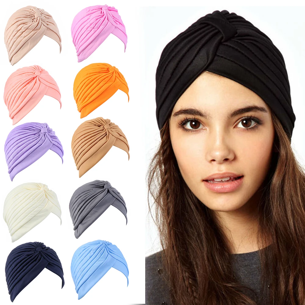 1Pc Ladies Head Wrap Bandana Muslim Hat Stretchy Turban Hair Loss Chemo Cap New Style Women Headwear Head Cover Hat 26Colors