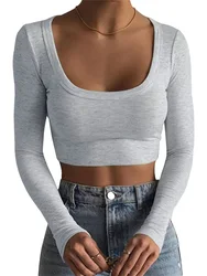 Camisas de manga larga de punto acanalado con cuello redondo para mujer, Tops cortos sexys, Camisetas básicas ajustadas informales y2k, camisetas blancas y negras, 2023