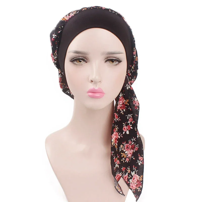 Women Cotton Printed Turban Hats Pastoral Style Muslim Hijab Cap Bandana Elastic Long Hair Band Head Wrap Indian Headscarf Bonnt