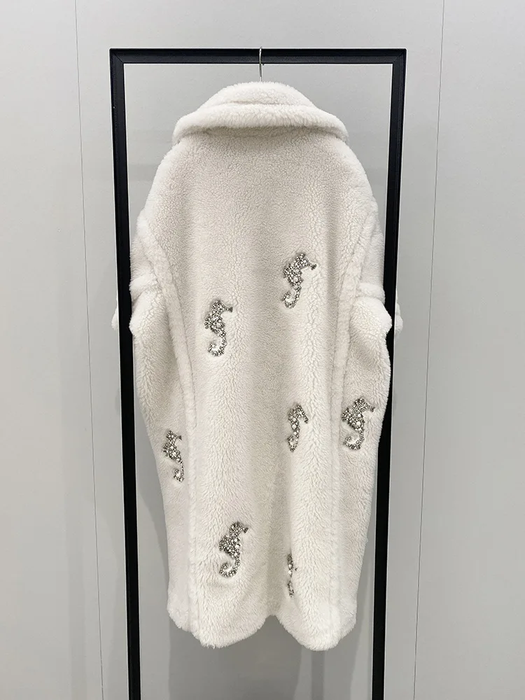 2023 Winter Teddy Bear Coat Women Cream White Long Alpaca Coat Women New Classic Ultra Loose Warm Wool Coat Seahorse Pattern