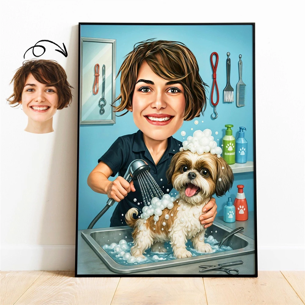 Póster de caricatura personalizado para peluquero canino, arte de dibujos animados para spa de mascotas, retrato de dibujos animados personalizado para peluquero canino, pintura en lienzo, regalos