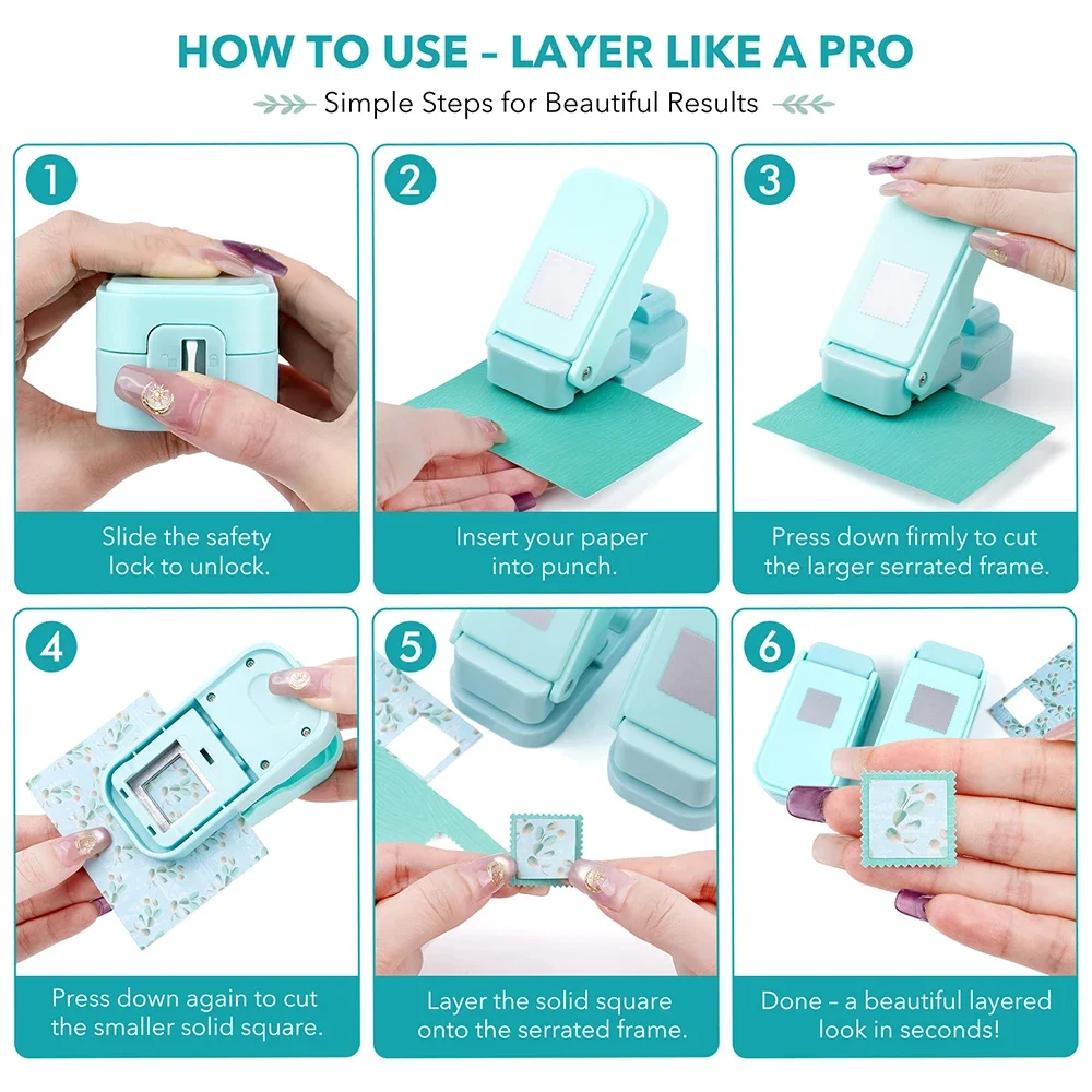 Layering Serrated-Edge Square Paper Punches Lever Action Craft Punch for Scrapbooking, Nesting Postage Stamp Style Craft Punches
