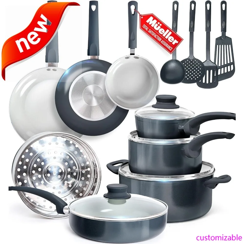 

NEW-16-Piece Healthy Stone Pots And Pans Set Non Stick, Non Toxic Ceramic Cookware Set, Dishwasher Safe, W Frying Pans, Sauce Pa