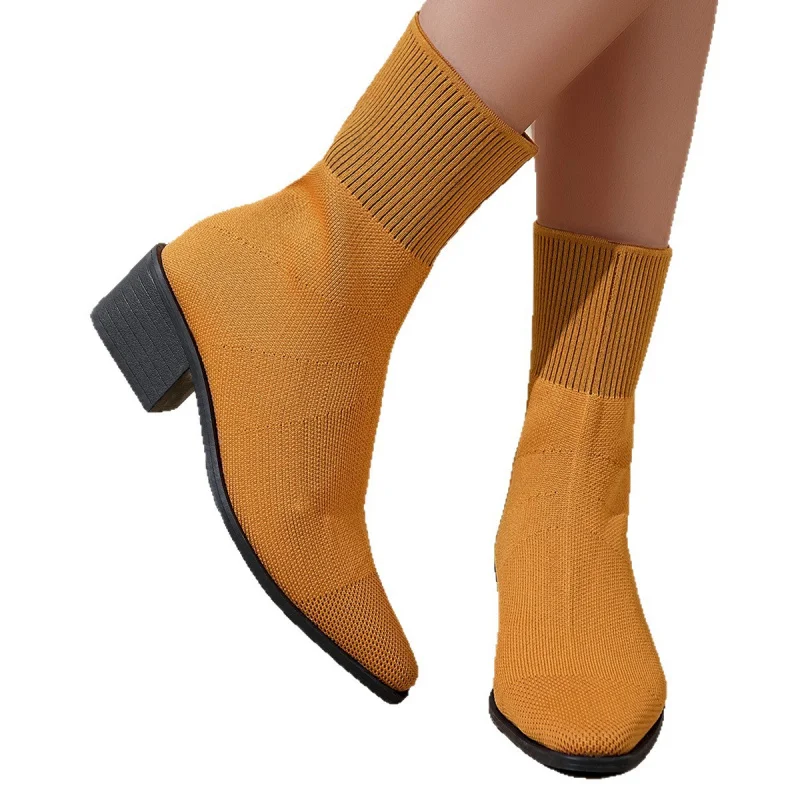 2025 Nuovi stivali invernali con calzino lavorato a maglia per donna Stivaletti alla moda in stile giapponese con suola a punta e punta a metà polpaccio