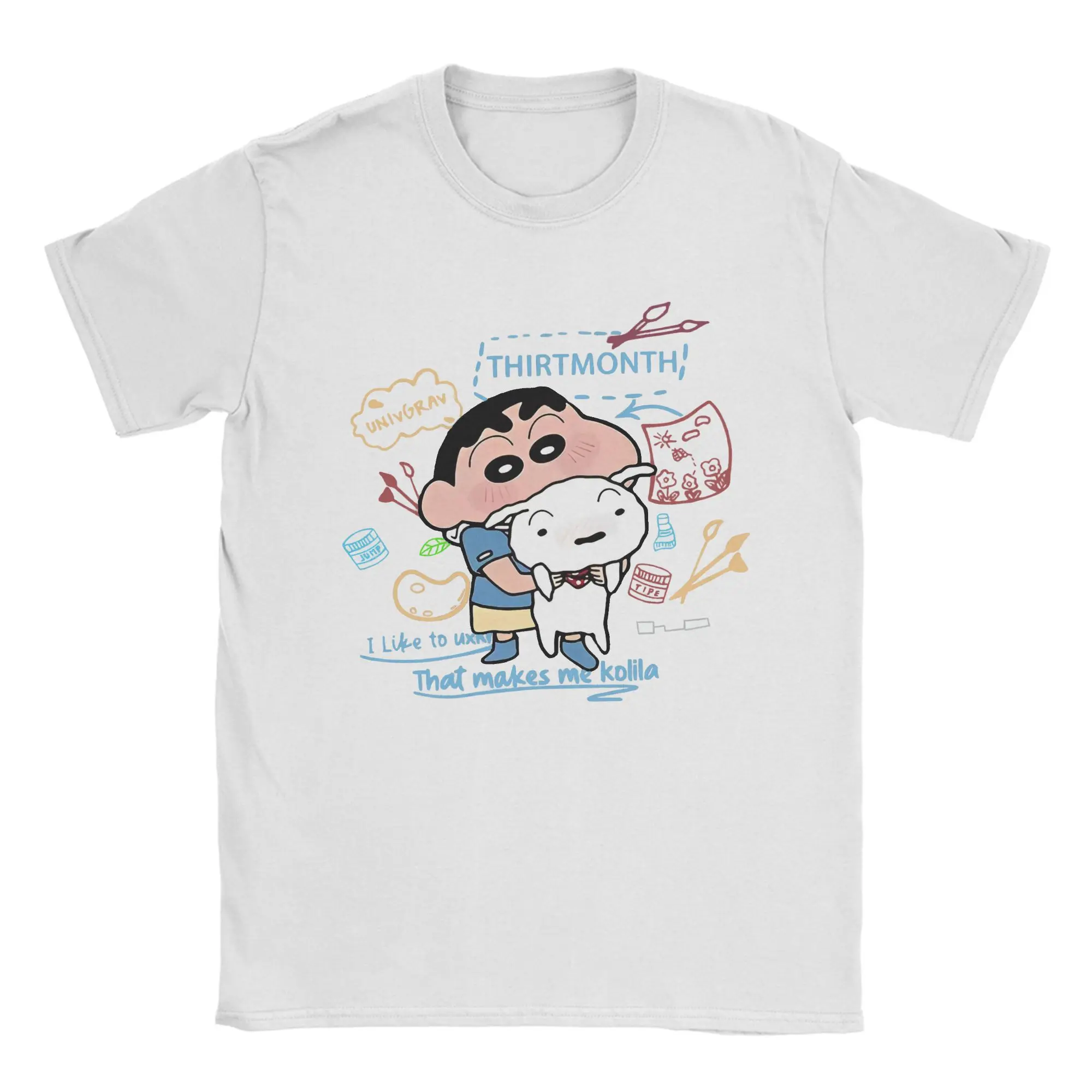 Retro Crayon Shin-Chan Holding Onto Shiro T Shirt Men Crewneck Short Sleeve Top Tee  Cotton Summer Clothes