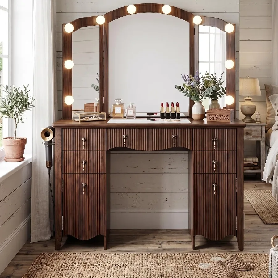 Desk with Mirror and Lights, Tri-Fold Fluted Makeup, Walnut