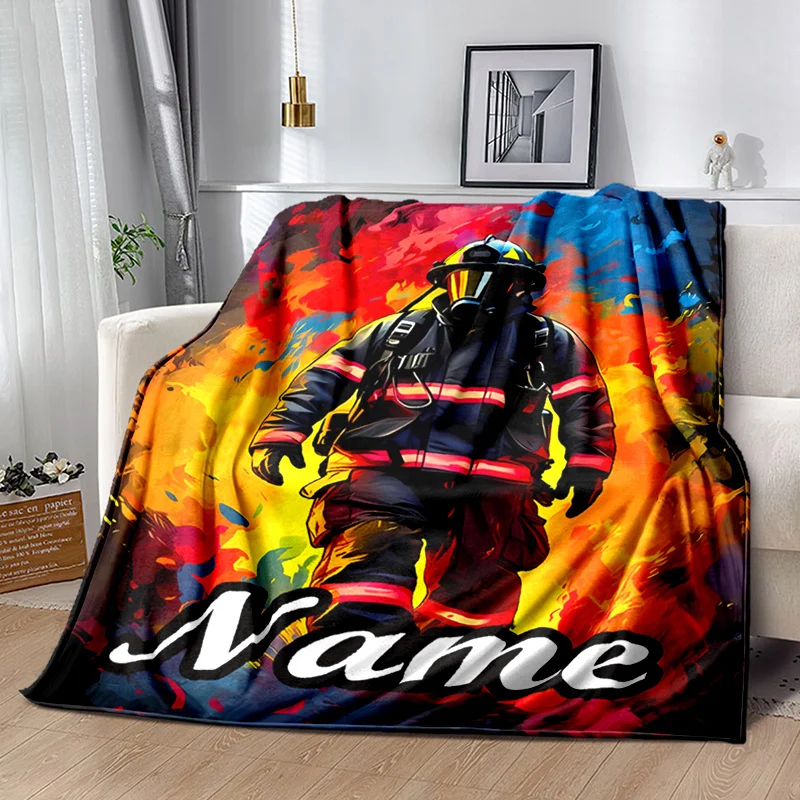 Personalized Firefighter Blanket Heroic Fireman Design Flame Background Soft Fleece Throw for Kids Teens Room Decor Birthday