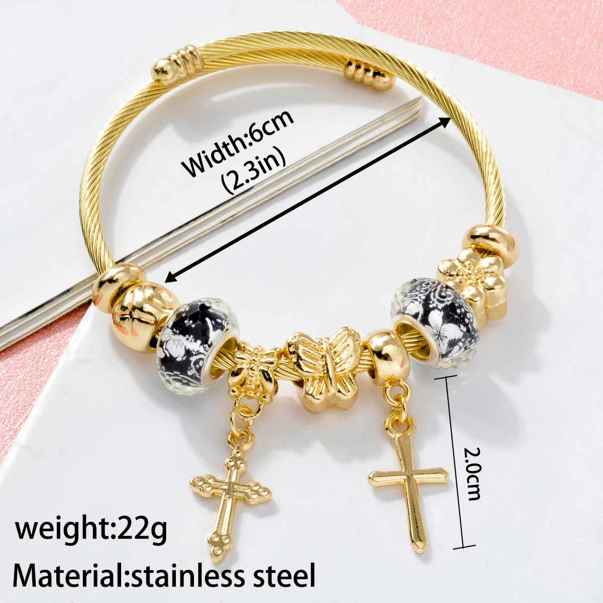 ZEADear Stainless Steel Pandora Bracelet Gold Color Cable Wire Open Bangle For Women Girl DIY Jewelry Y2K Beads Cross Star Charm