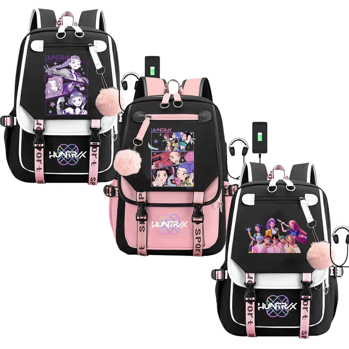 حقيبة ظهر مطبوعة على شكل شخصية فيلم الرسوم المتحركة للرجال والنساء بجيوب متعددة حقيبة تنكرية مع حقيبة مدرسية عصرية باللون الوردي والأسود للطلاب