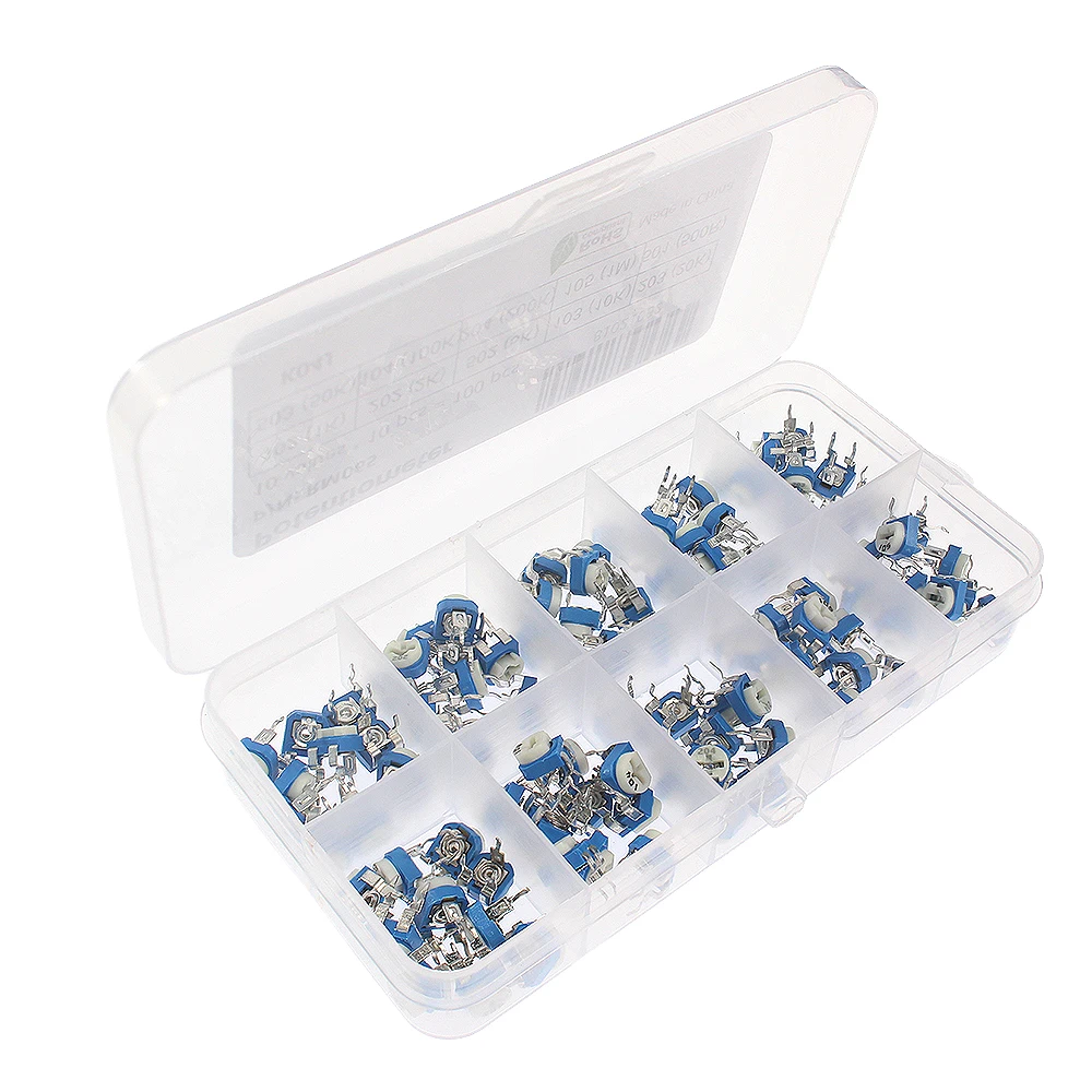 

100PCS/Lot RM065 Trimming Potentiometer Kit 500R 1K 2K 5K 10K 20K 50K 100K 200K 1M Variable Resistor 10k potentiometer