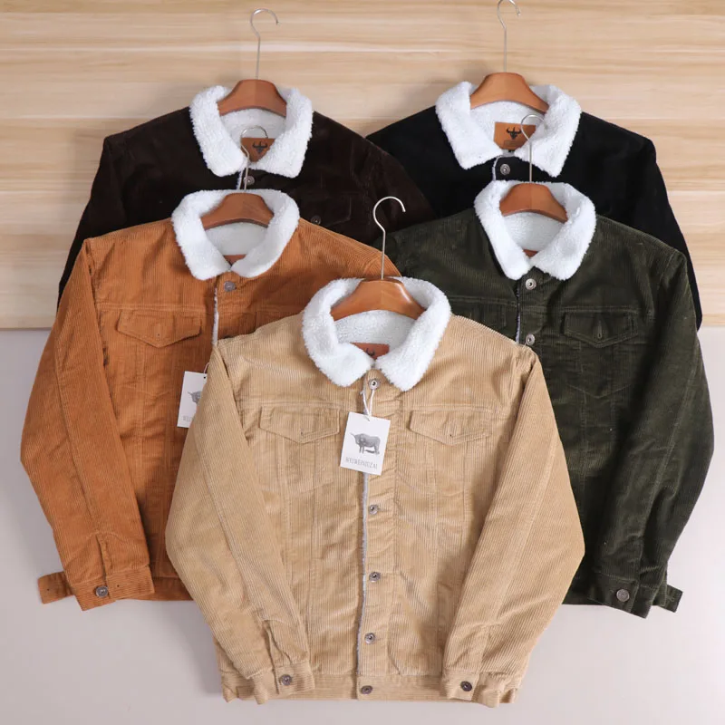 

Thiened Warm Cotton Workwear Jaet for Men Vintage Sle Fce Lined Lamb Velvet Coat Long Sve Stand Fit Autumn Win...