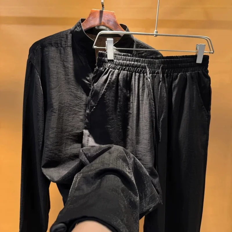 Men's Cotton Wide Leg Pants Solid Color Shirt Casual Fashion Set Old‑Money‑Style Stand‑Collar Long‑Sleeve Top Trousers