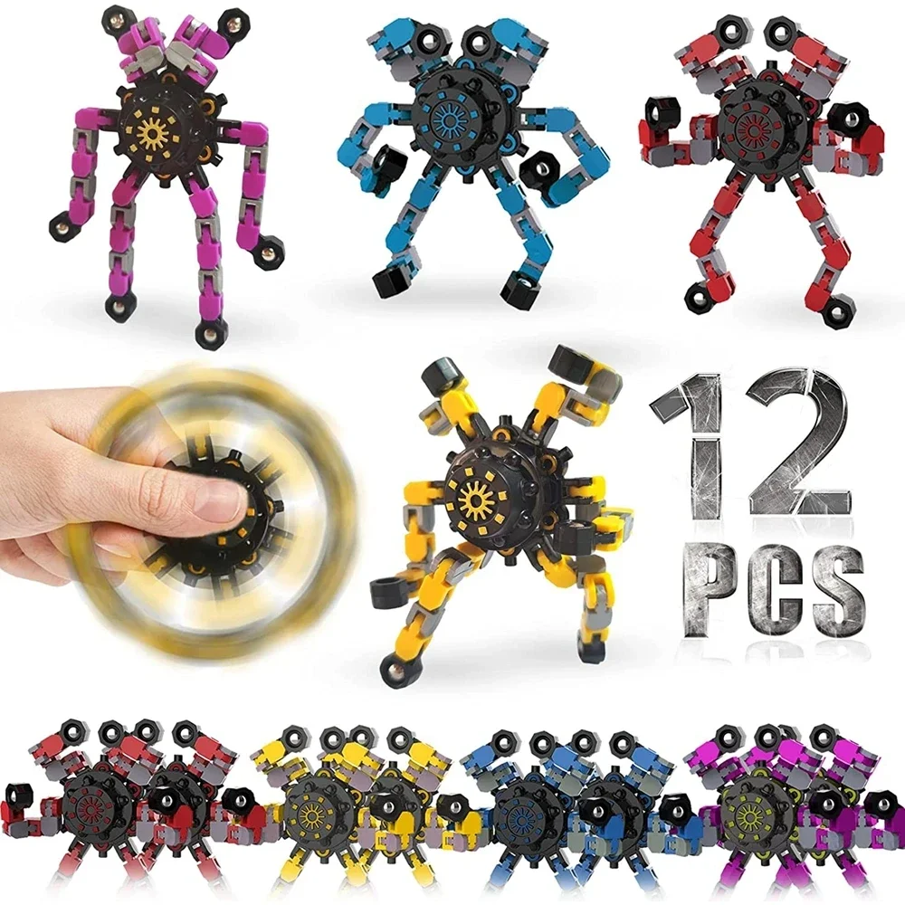 

4/12PCS Funny Sensory Fidget Toys Deformable Chain Robot Spinners Fingertip Stress Relief Gyro Toy Party Favors for Kid Adults