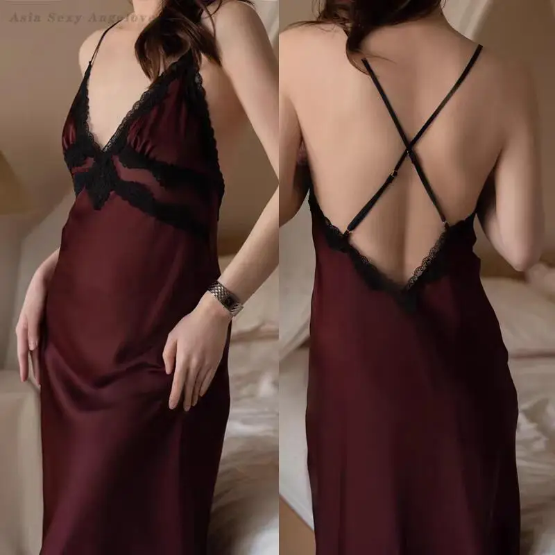 

Female Long Nightgown Homewear Sexy Lace Lingerie Backless Suspender Nightdress Sleepwear Summer Silk Satin Loungewear Nighty