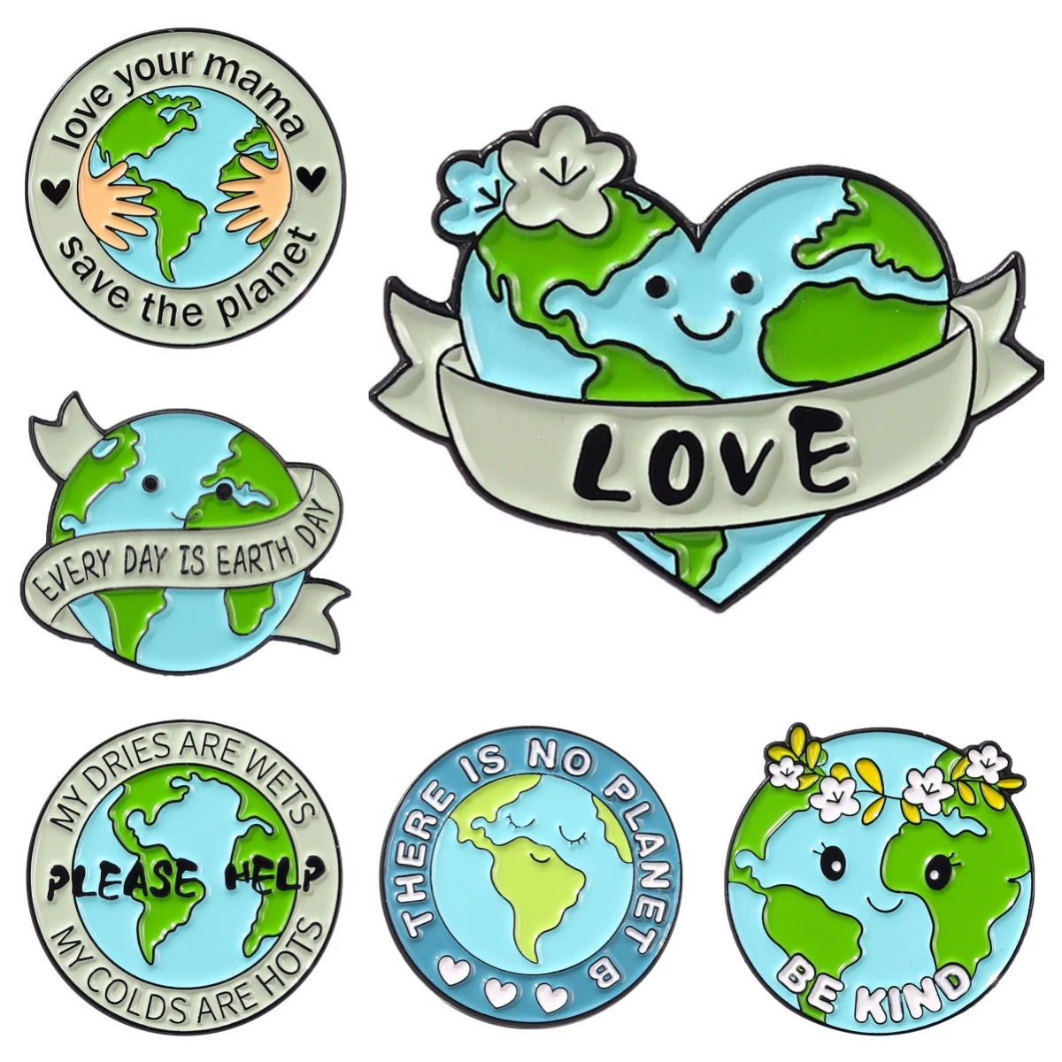 Green Enamel Pin Heart Help Star Planet Letter Alloy Cartoon Brooch Love Save Earth Day Baked Globe Badge Protect Environmental