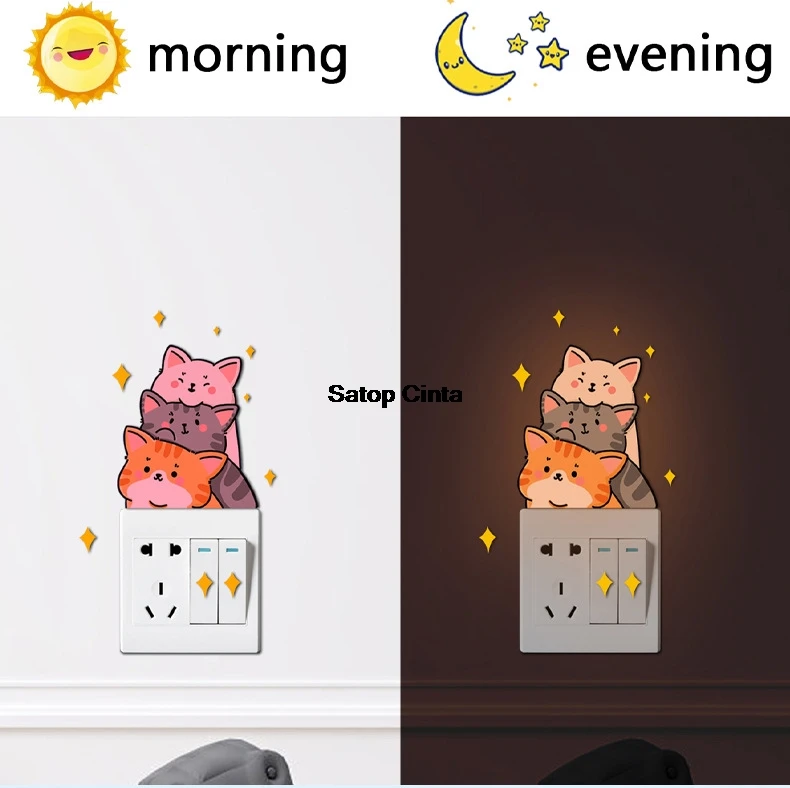 1pcs Light Switch Decals Glow In The Dark Blue Green Pink Stacking Cat Cartoon Stickers Wall Stickers Adhesive Decorative Strips