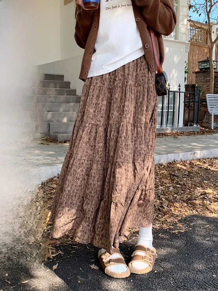 

Ароматная винтажная юбка-миди с цветочным принтом, А-силуэт, с завышенной талией, из полиэстера, для женщин