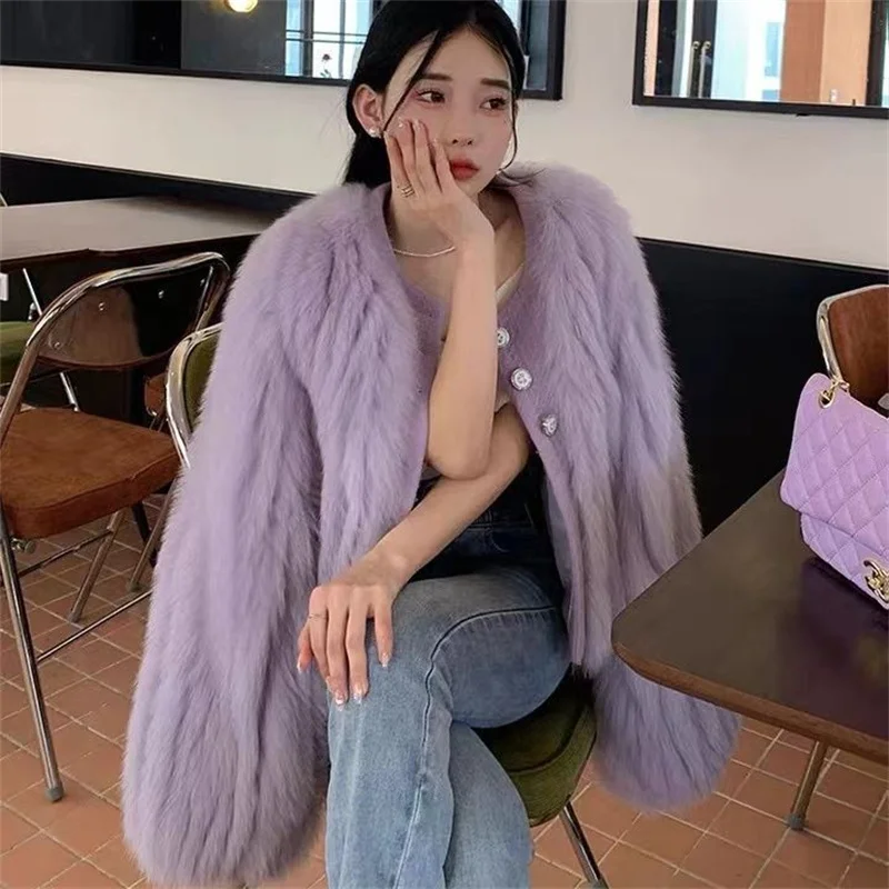 Purple Faux Fox Fur Jacket Eco-Friendly Fur Jacket For Women\'s 2024 Autumn/Winter New Faux Mink Fur Short Top Female Coat Pink