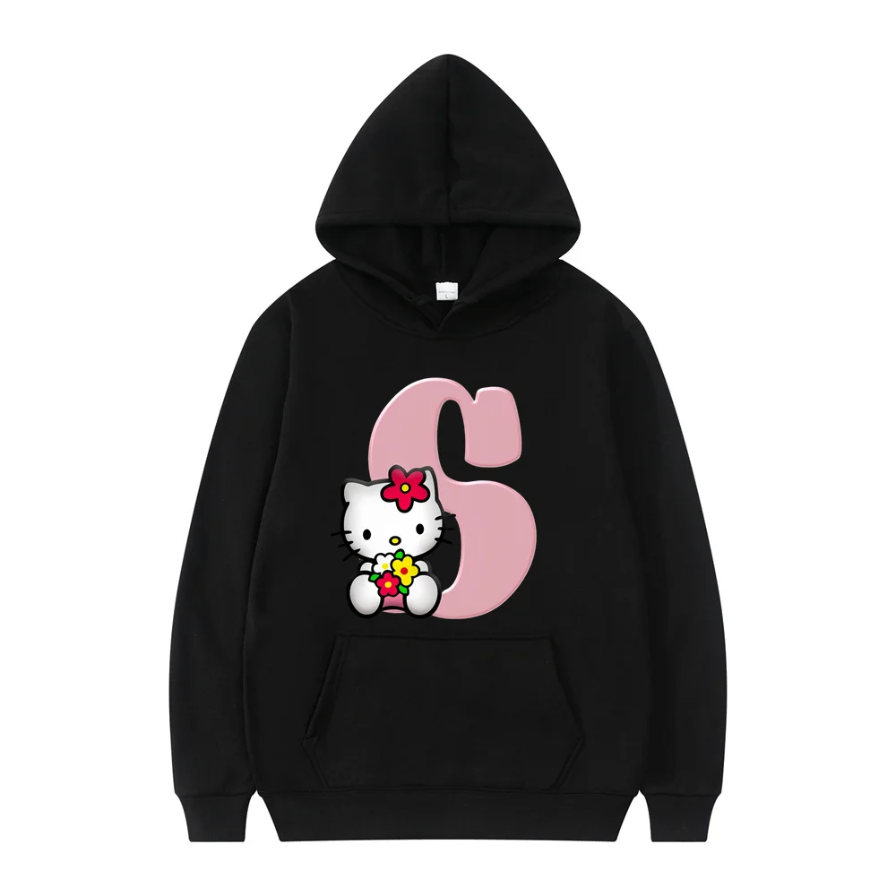 New Hello Kitty Autumn Black Hoodies Letter A B C D Sweatshirts Girls Clothes Kawaii Pullover Anime Cartoons Woman Casual Tops