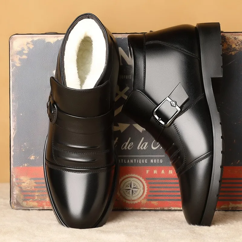 Winter Men's Leather Boots Fashion Business Casual Leather Shoes Thick Plush Warm Snow Boots for Men Winter Ankle Cotton Booties