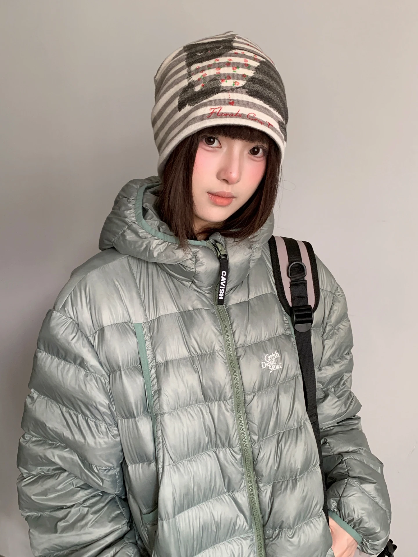 Korean Style Cute Striped Cat Floral Print Slouchy Beanie Autumn Beanie Breathable Knitted Skull Cap