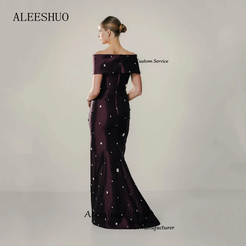 Aleeshuo Elegant Satin Mermaid Evening Dresses Simple Off Shoulder Sexy Strapless Pleated Open Back Beaded Crystal Customized