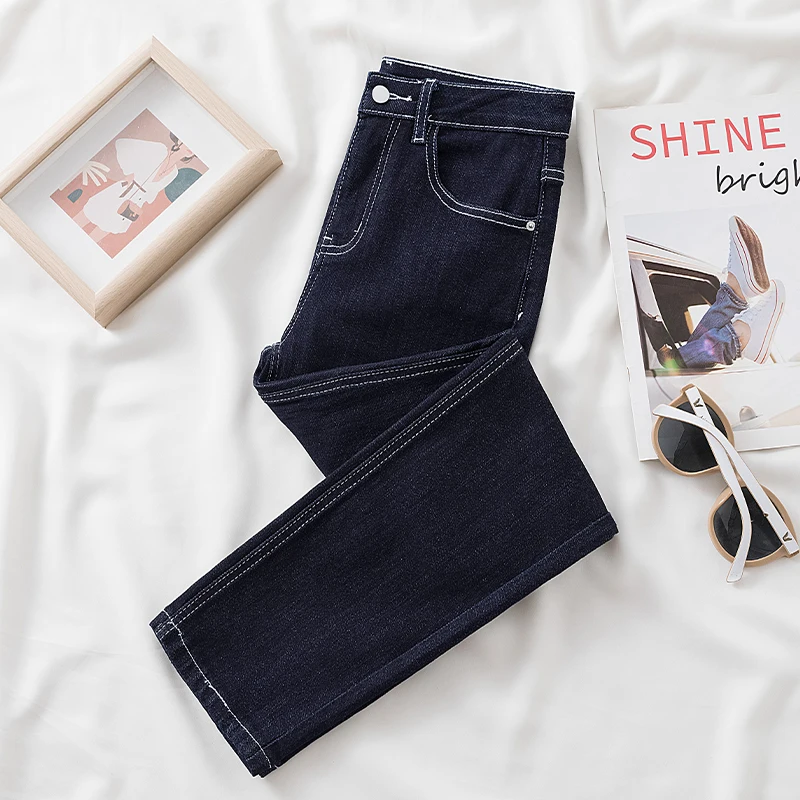 

High Waist Nine Points Skinny Jeans Women's Fashion Autumn Initial Washed Deep Color Straight Leg Jeans Versatile Slimming