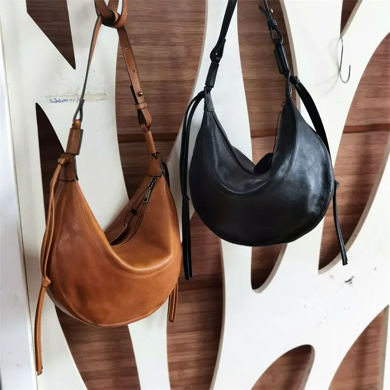 Vegetable Tanned Cowhide Retro Semi Circular Saddle Dumpling Bag Casual And Fashionable Simple Versatile Crossbody Bag For Women