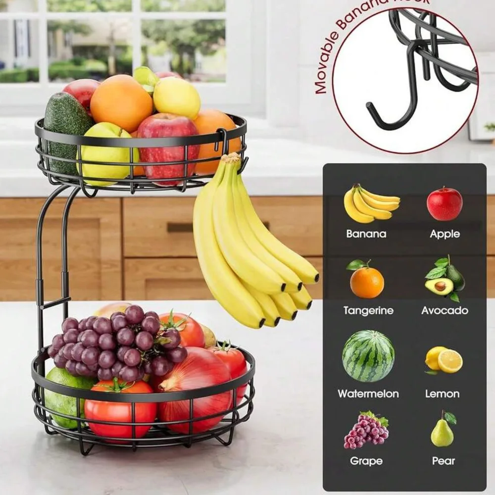 2-Tier Metal Fruit Basket With Banana Hanger, Countertop Fruit Vegetable Storage Organizer, Multifunctional Kitchen Produce Rack