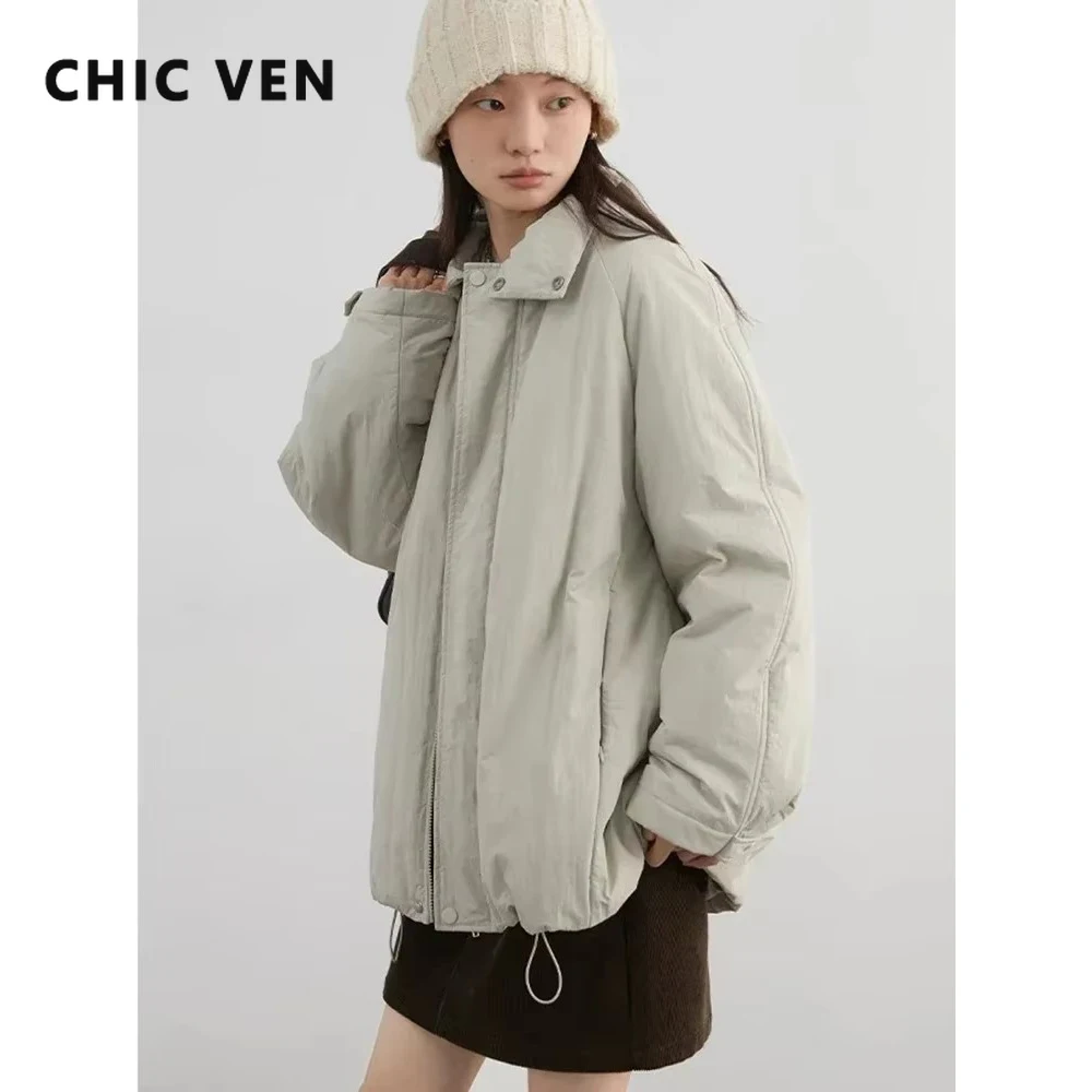 CHIC VEN Mantel Parka Pendek Wanita Pakaian Anak Perempuan Solid Kasual Longgar Jaket Berlapis Katun Wanita Olahraga Musim Gugur Musim Dingin Baru 2024