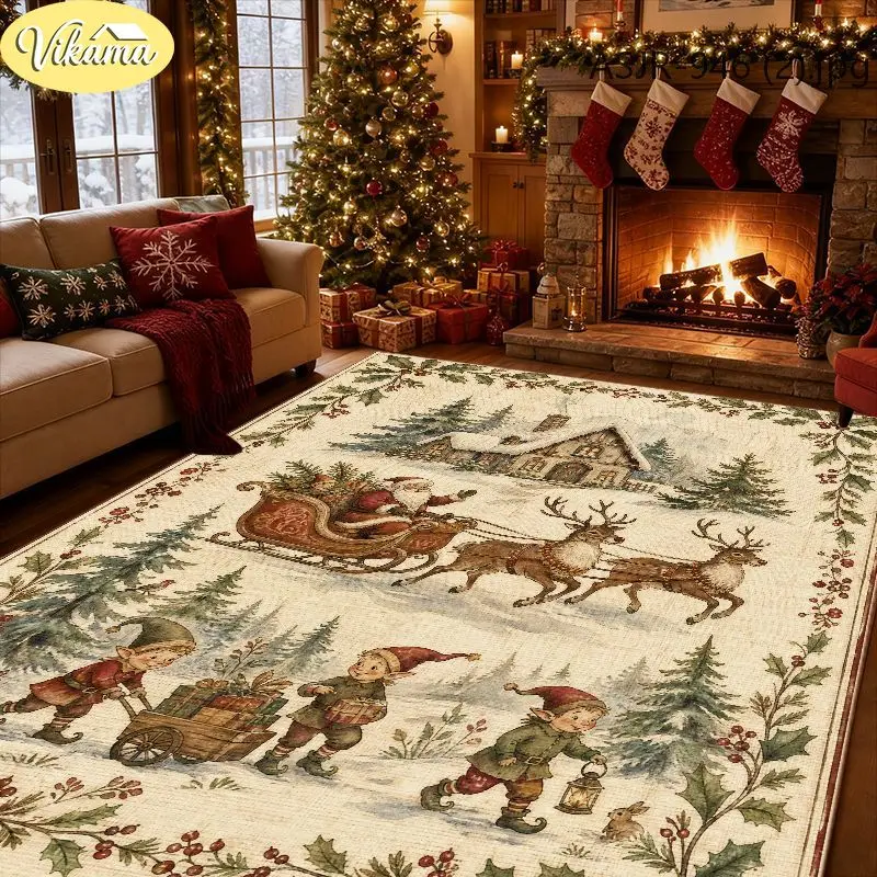 VIKAMA Christmas Santa Sleigh Elf Gnome Area Rug Non Slip Soft Floor Mat for Living Room Kids Room Holiday Home Decor