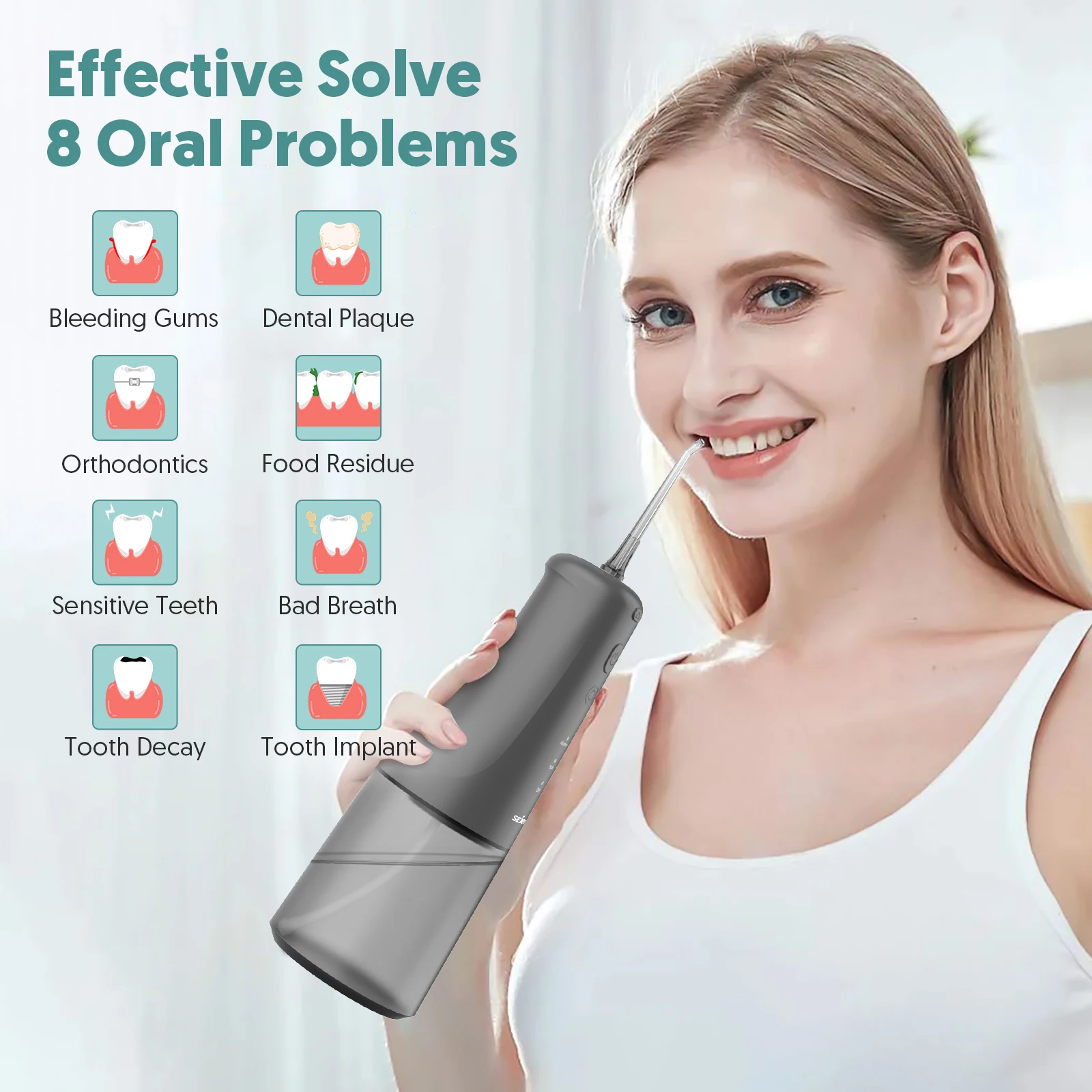 جهاز تنظيف الأسنان بالماء Sejoy FC5091، وضع الري عن طريق الفم اللاسلكي القابل لإعادة الشحن، 6 أطراف نفاثة، IPX7 مقاومة للماء، 6 أطراف أسنان نفاثة للسفر #2