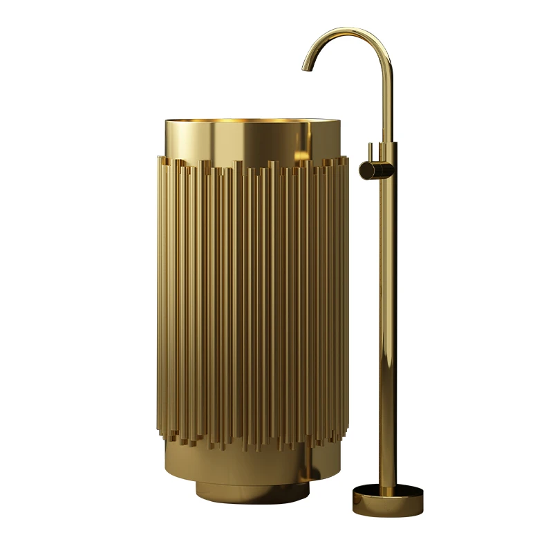 

New art 304 stainless steel column light luxury gold integrated floor wash hotel wash basin