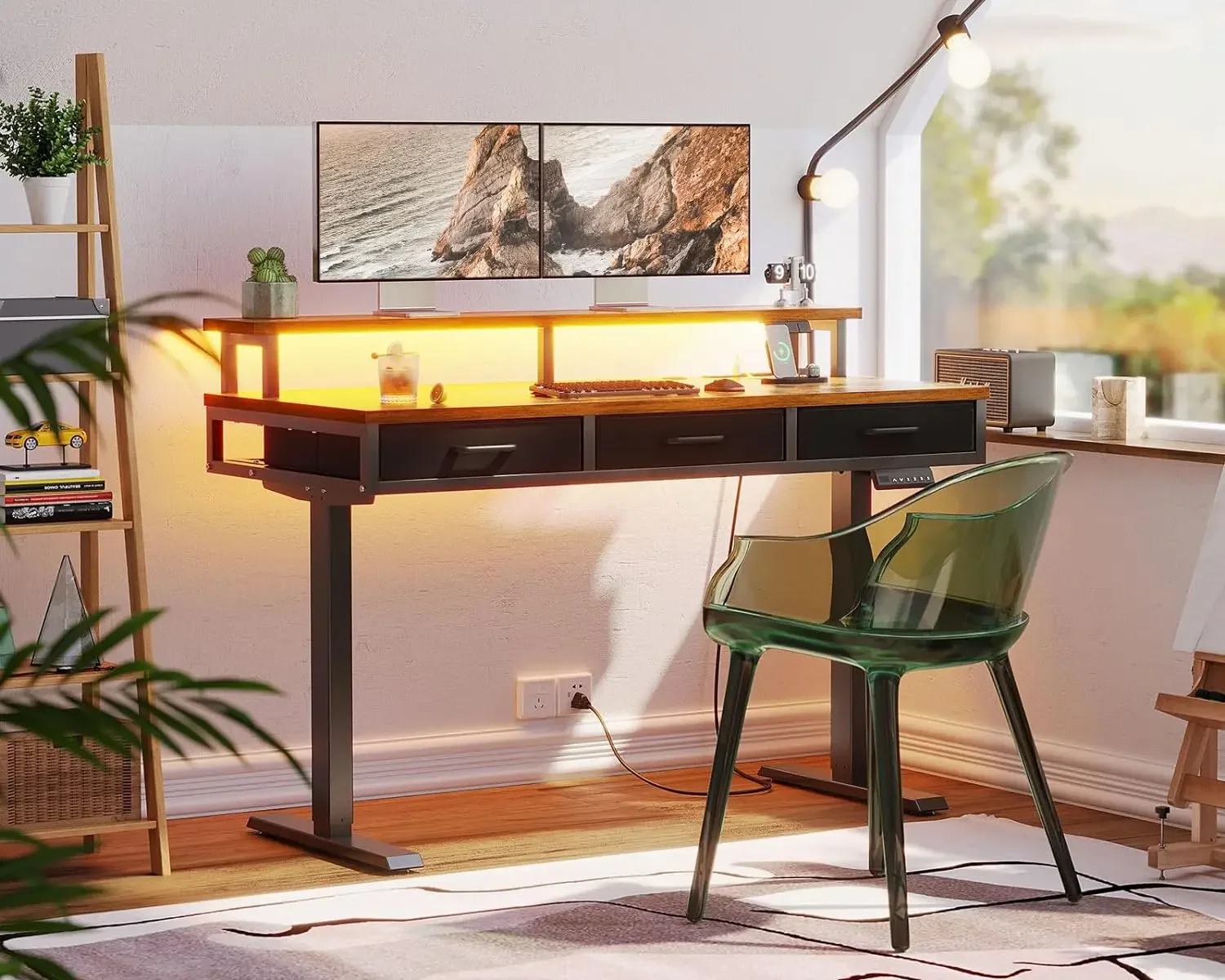 55 inch elektrisch sta-bureau met 3 lades, bruin, in hoogte verstelbaar bureau met stopcontacten en LED-verlichting, sta-bureau met